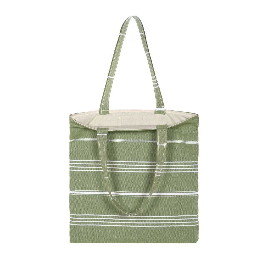 PURE BEACH BAG – 100% Cotton Pestemal Tote in Green with Stripes Eco-Friendly Cotton Lining and Double Handles