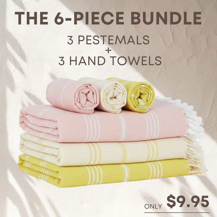 Wholesale 6-piece flat-weave Turkish cotton towel bundle beach bath & hand towels Bulk Turkish pestemal peskir