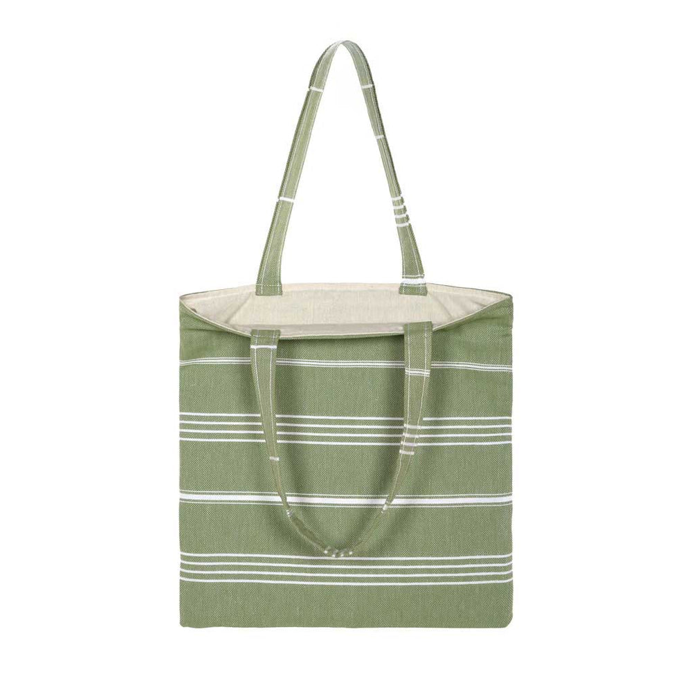 PURE BEACH BAG – 100% Cotton Pestemal Tote in Green with Stripes Eco-Friendly Cotton Lining and Double Handles