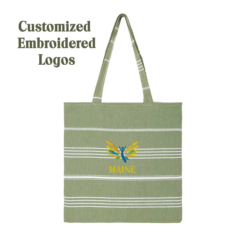 PURE BEACH BAG – 100% Cotton Pestemal Tote in Green with Stripes Eco-Friendly Cotton Lining and Double Handles