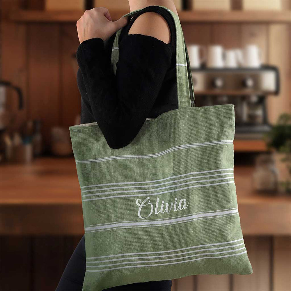 PURE BEACH BAG – 100% Cotton Pestemal Tote in Green with Stripes Eco-Friendly Cotton Lining and Double Handles