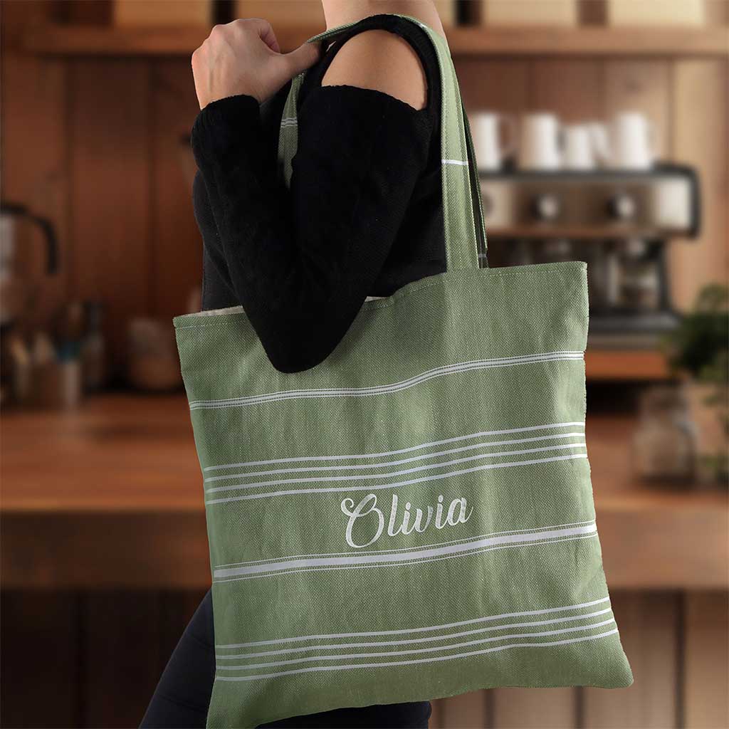 PURE BEACH BAG – 100% Cotton Pestemal Tote in Green with Stripes Eco-Friendly Cotton Lining and Double Handles