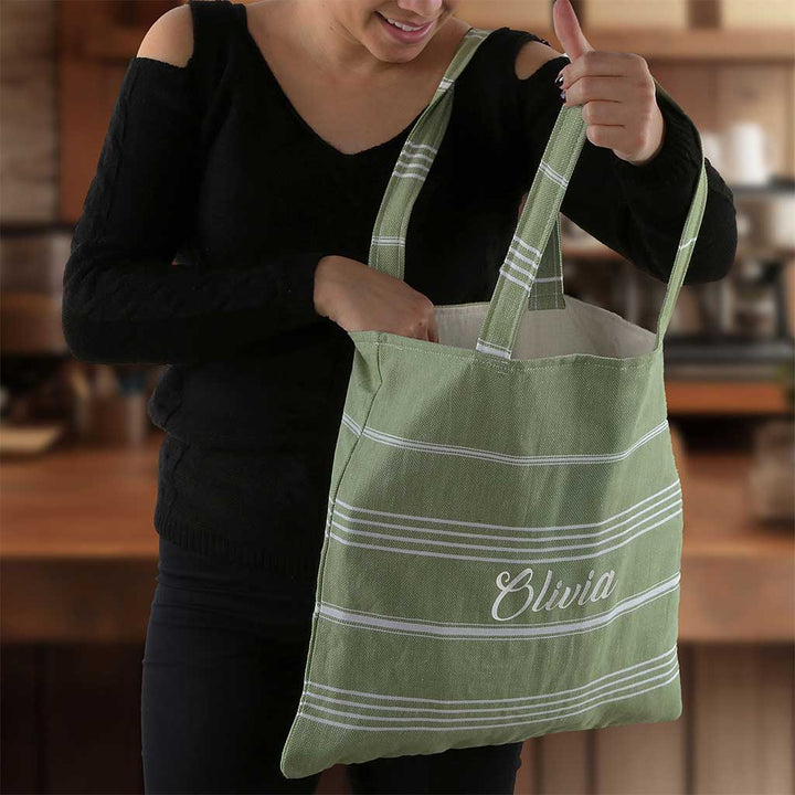 PURE BEACH BAG – 100% Cotton Pestemal Tote in Green with Stripes Eco-Friendly Cotton Lining and Double Handles