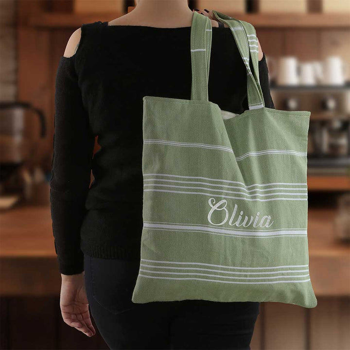 PURE BEACH BAG – 100% Cotton Pestemal Tote in Green with Stripes Eco-Friendly Cotton Lining and Double Handles