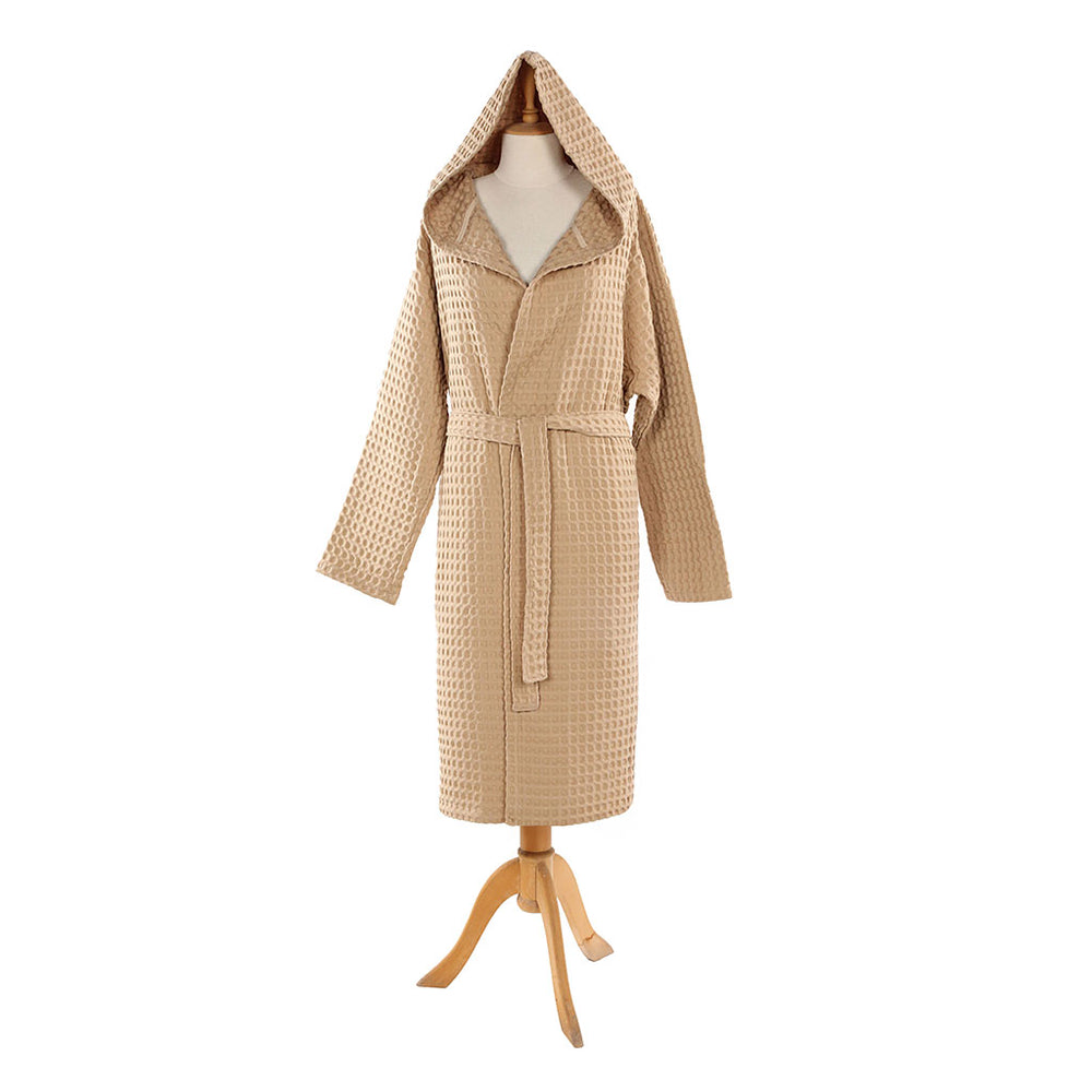 Camel waffle weave Turkish cotton bathrobe with hood and belt, lightweight, absorbent, and ideal for spa or hotel use.