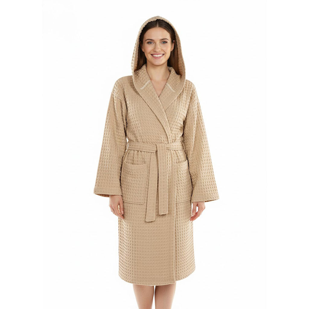 Camel waffle weave Turkish cotton bathrobe with hood and belt, lightweight, absorbent, and ideal for spa or hotel use.