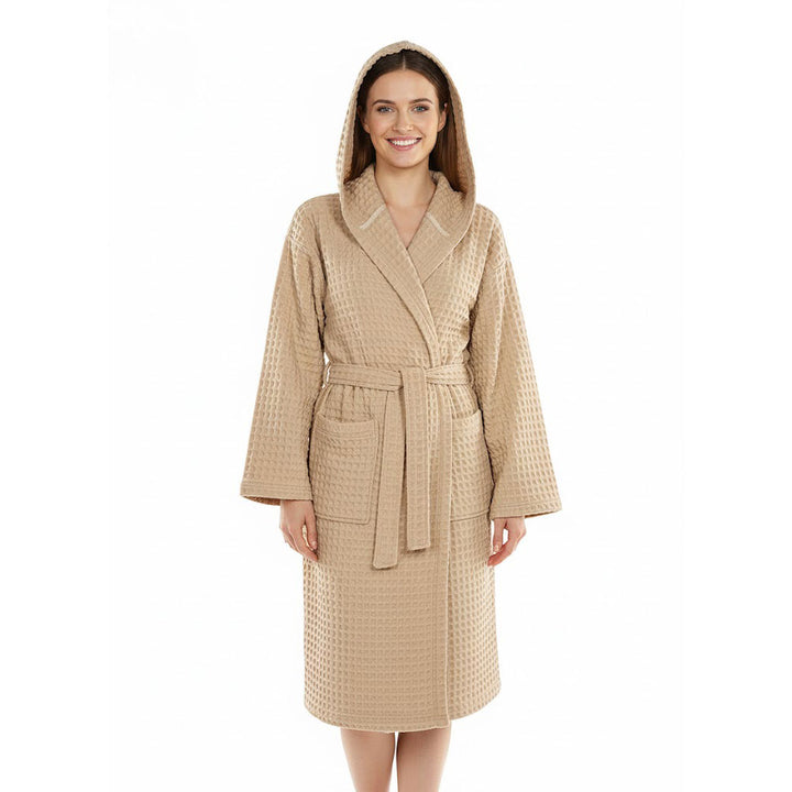 Camel waffle weave Turkish cotton bathrobe with hood and belt, lightweight, absorbent, and ideal for spa or hotel use.
