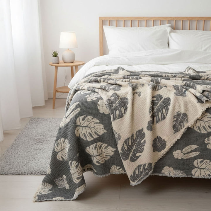 Tropical Leaf Cotton Duvet Cover – Turkish Pestemal Bedding Muslin Throw Blanket