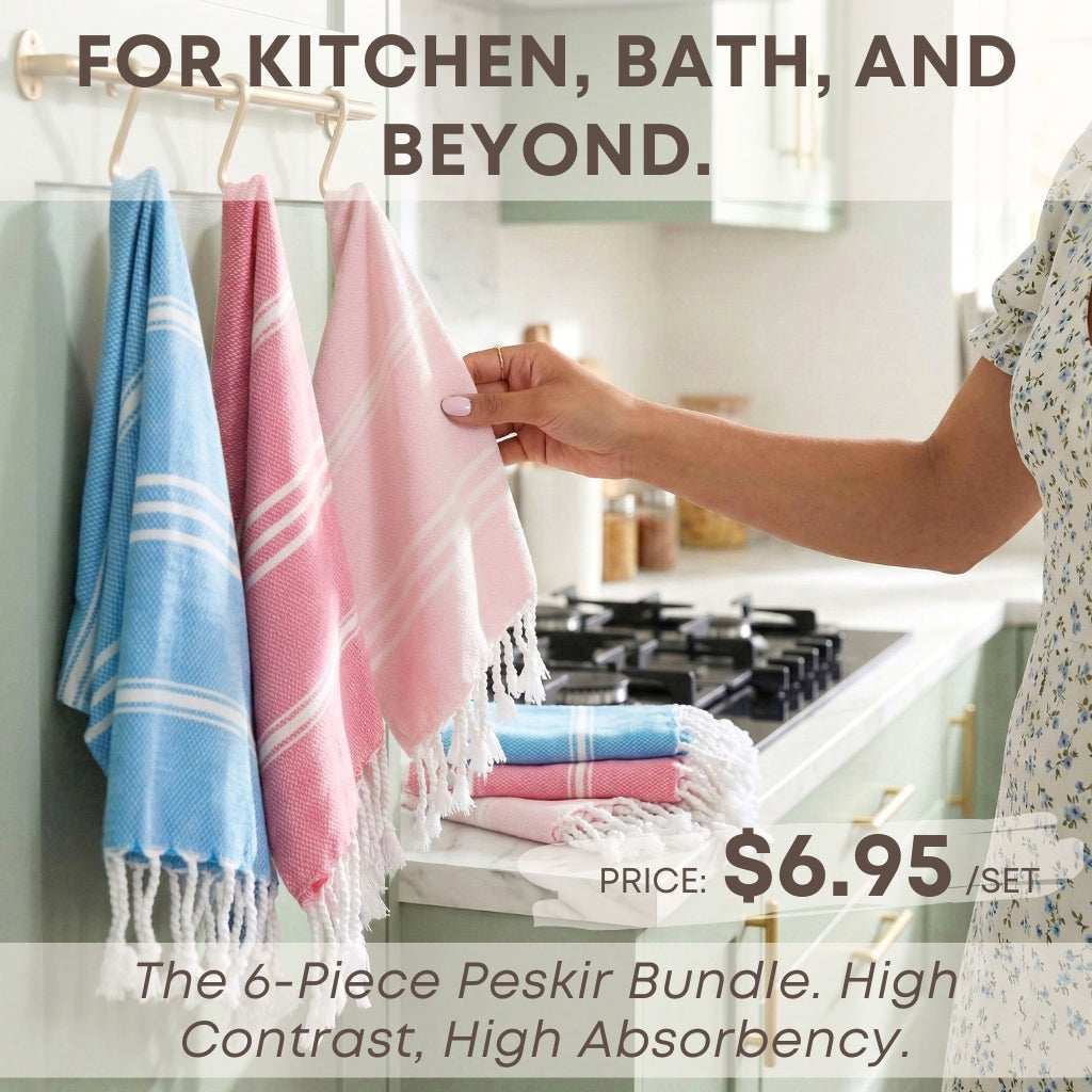 kitchen hand towel set of 6 made of 100% Turkish cotton super absorbent lightweight peskirs