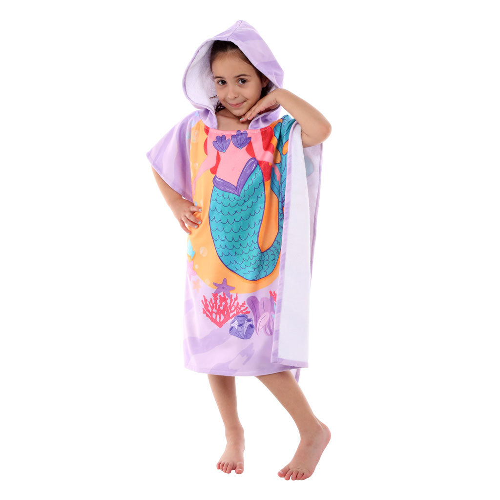 Mermaid Printed Kids Ponchos Quick drying highly absorbent changing robe 60% Cotton & 40% Polyester bathrobe for children